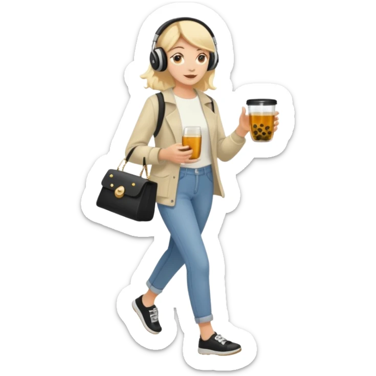 a young woman full length walks with headphones on with a caviar toast in one hand and herbal tea in the other hand sticker