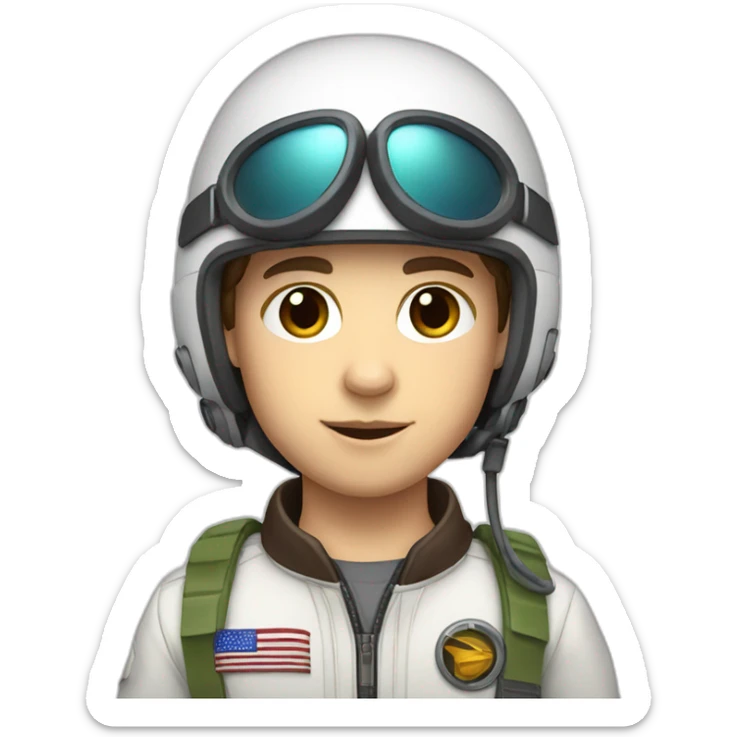 A white young boy with dark brown eyes and dark brown hair and a airplane pilot suit and a radio helmet sticker