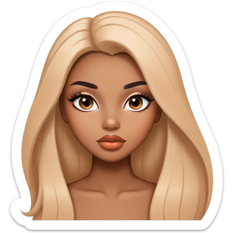 Glamourous, light brown skin tone, very beautiful girl, with big plump peach-beige lips, long long lashes, black straight smooth silky long hair, straight parting hair, brown eyes sticker