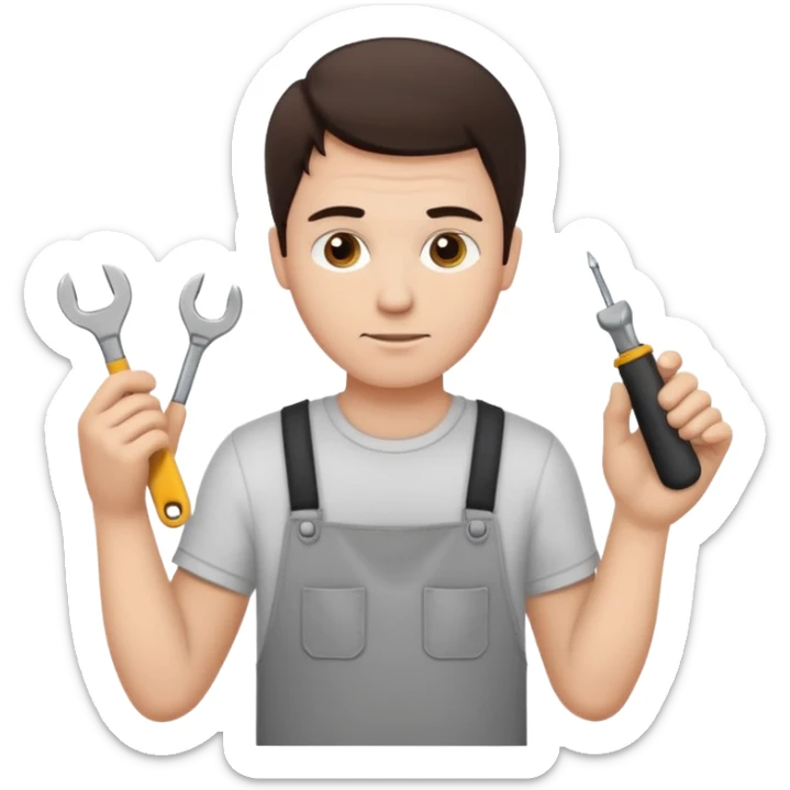 make a white guy with dark brown hair, with a simple white o grey shirt, repairing an iphone, un tecnico sticker