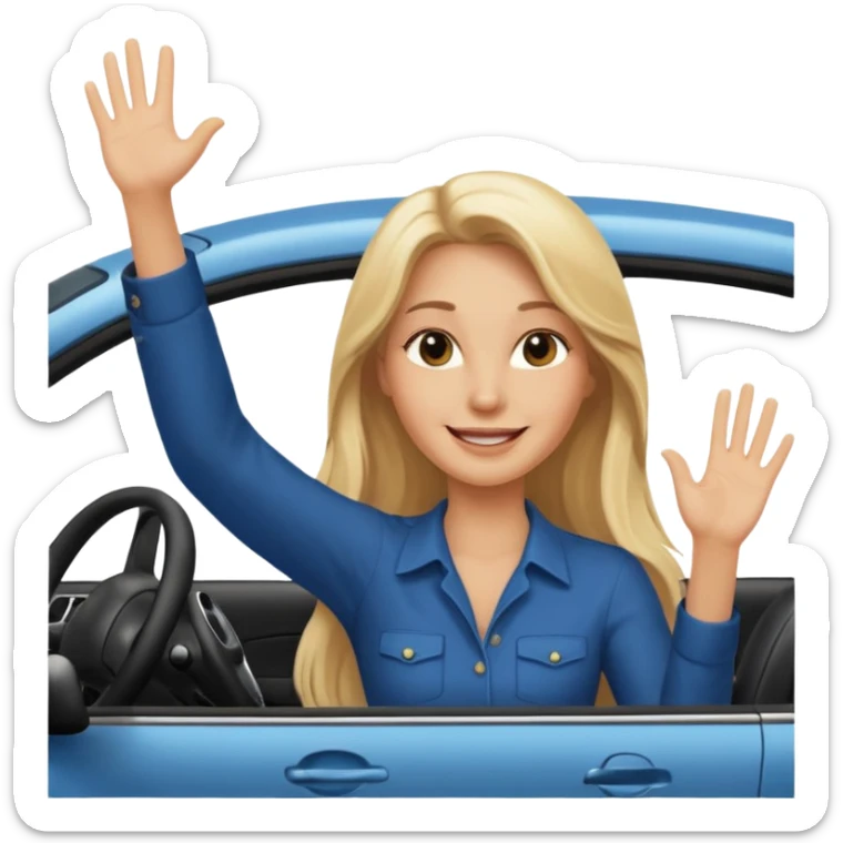 blonde long hairwoman driving car. one hand up Happy face confidence sticker
