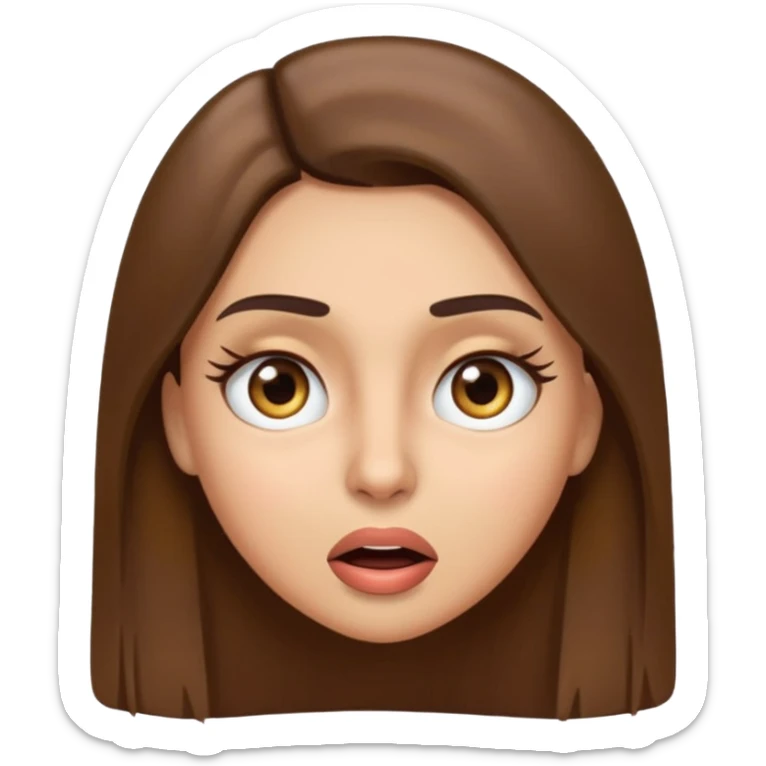 emoji style face of a woman with long straight brown hair, brown eyes, thick eyelashes, light olive skin tone, surprised expression sticker