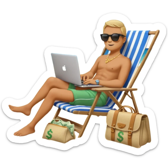 Emoji-style person relaxing on beach chair with laptop and money bag, “$20K” written in sand, sky gradient background, calm and successful tone sticker