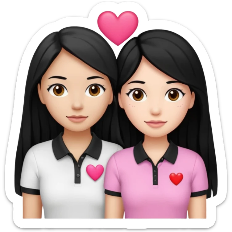 Dos mujeres juntas que una sea de color trigueña y de color blanca, cabello largo negro sea la de piel blanca y la de piel trigueña cabello castaño raya en medio, tengan polo blanco y negro y tengan un corazon rosado arriba sticker