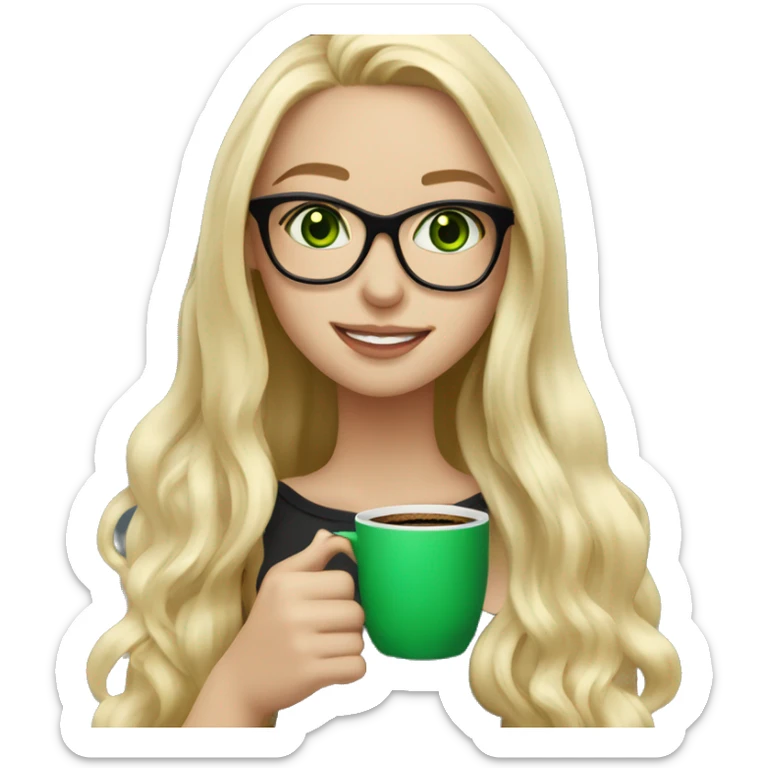 blond long hair girl with black framed glasses slavic face and green eyes smiling holding cup of coffee sticker