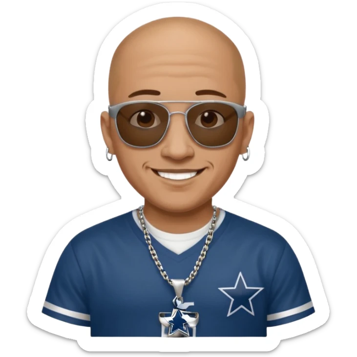 bald mexican cholo with square black oakley sunglasses no facial hair wearing a silver necklace with H on it and wearing cowboys jersey sticker