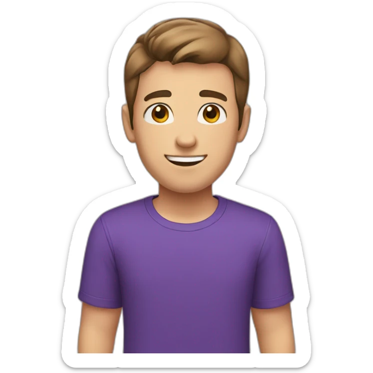 young man, greeting, brown short hair, purple t-shirt, white skin, head large sticker