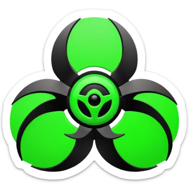 Minimalist emoji-style sticker of a fractured biohazard symbol with a small eye in the center. Stylized, geometric, no text.
 sticker