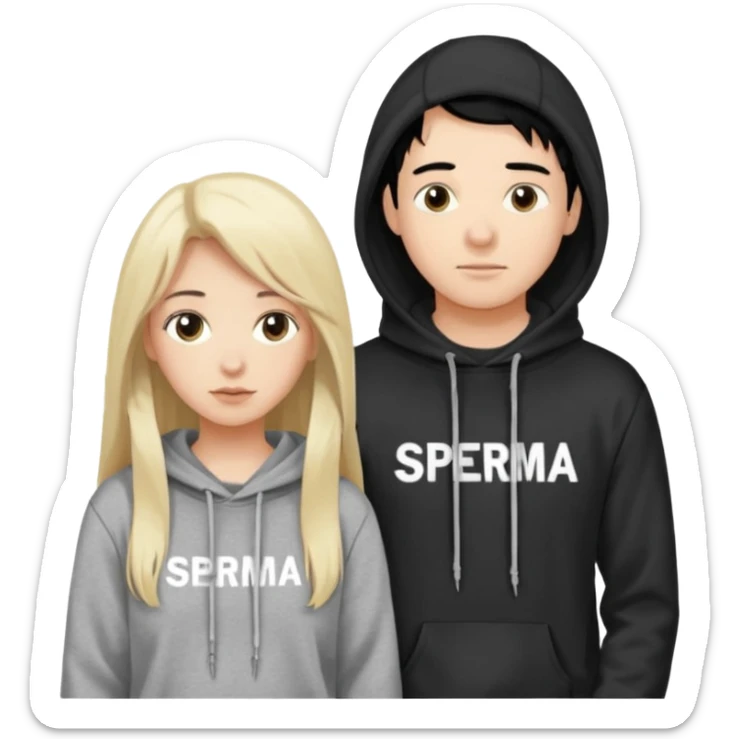 I want it to be this emote 🙍‍♂️
of a guy with black hair and a black sweatshirt with the word "sperma" written in white in the middle. Behind him, there's a pretty blonde with long hair, pulling the string on the first person's hoodie. The girl is wearing a gray sweatshirt. sticker