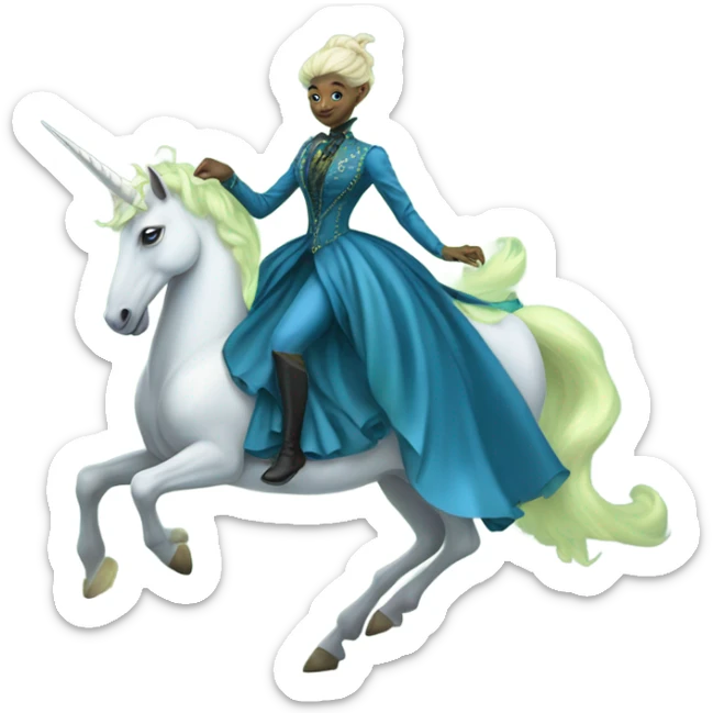 "galora green blonde alien woman" in blue Victorian dress elegant, full body, on unicorn white sticker
