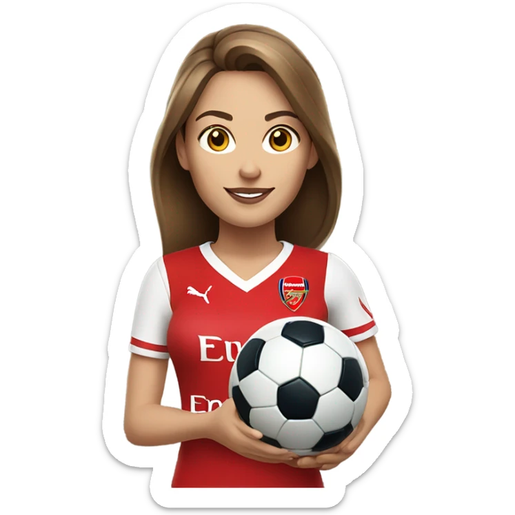 Pretty white woman with medium brown hair holding a soccer ball and wearing an Arsenal jersey sticker
