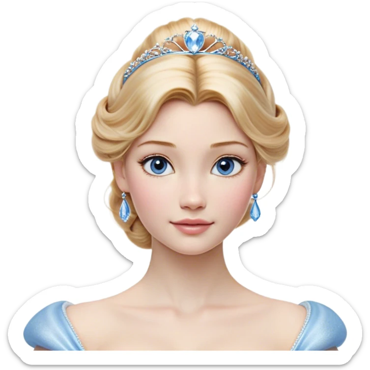 Cinematic Realistic Cinderella Portrait, depicted with lifelike skin texture, subtle rosy undertones, and soft natural lighting that enhances the gentle contours of her face. Her intricately detailed golden blonde hair is elegantly styled in an updo, with delicate wisps framing her face for added realism. Her deep, expressive blue eyes radiate warmth and sincerity, reflecting a quiet resilience and grace. She is dressed in her iconic ball gown, the fabric shimmering with intricate embroidery and fine translucent layers that catch the light beautifully. The soft sheen of satin gloves and the delicate sparkle of a glass-like slipper peeking from beneath her dress add a touch of magical realism. The portrait features an enchanting glow with a natural, luminous finish, seamlessly blending realism and fairytale charm to evoke a sense of depth, elegance, and timeless beauty. sticker