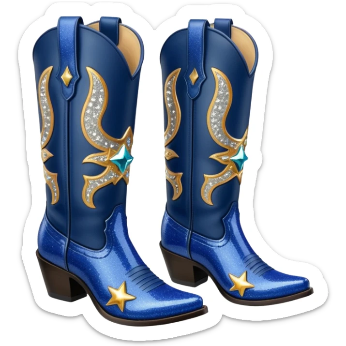Realistic navy blue fashion cowgirl boots with sparkly shiny glitter  sticker