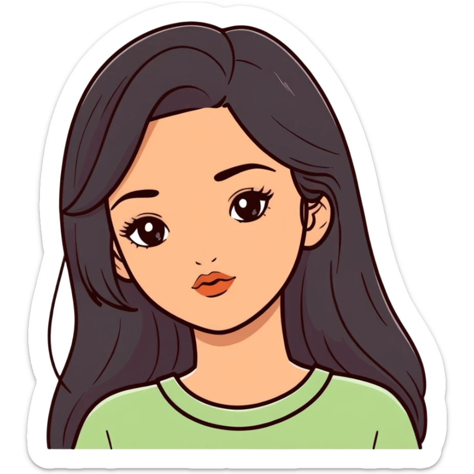 european girl with long black hair, long eyelashes, terracotta lips, light green top sticker