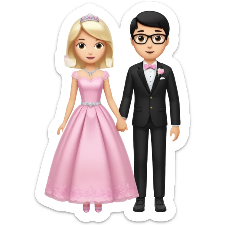 pretty light blonde girl barbie wedding to boy nerd with short black hair and tan skin sticker