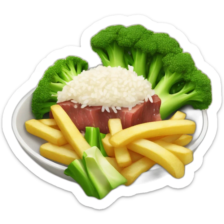 brocoli beef with rice and lttle squares of french fries sticker
