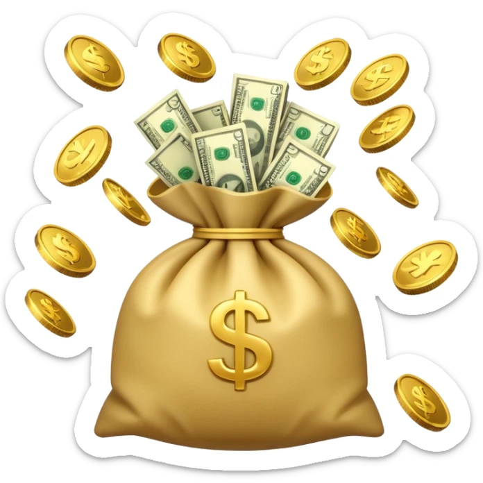 

3D emoji style, big bag of money, flying dollar bills, rich casino vibe, smooth lighting, high detail, clean edges, transparent background



 sticker
