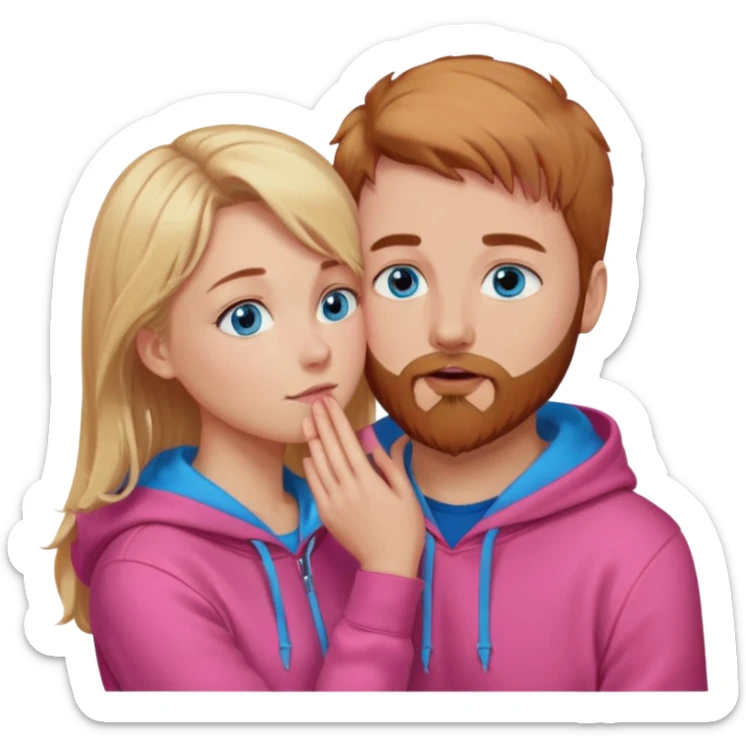 Pretty-long blonde hair blue eyed-girl,wearing a pink hoodie, facing a reddish brownish hair and beard-blue eyed-white man whose holding her face kissing  sticker