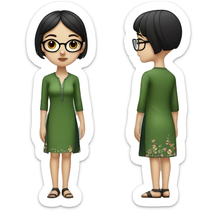 White skinny girl in a green kurta with flower design, glasses, alot of piercing, gay, red lips, nose ring, full body, short straight black edgar hair, black straight hair, front bangs sticker