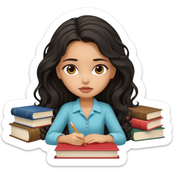 a pretty tan bratz girl with black wavy long hair studying. Pile of books on the table. No glasses. Looks tired sticker
