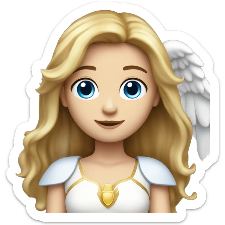 Caucasian brunette Angel with long straight hair, dimples, big blue eyes, golden halo and wings sticker