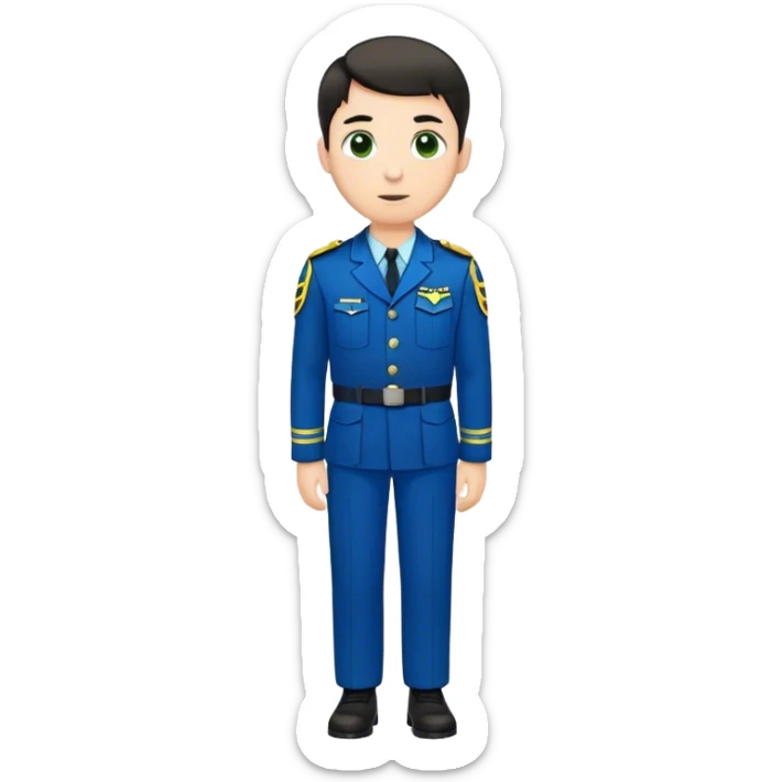 full body white male with dark short hair wearing blue and green uniform sticker