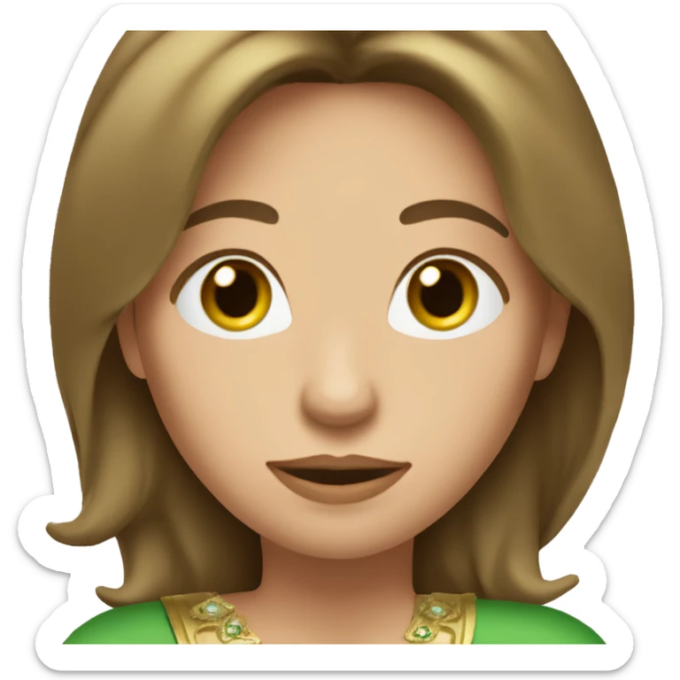 pretty 40 year old woman with grass green eyes and shoulder length straight brown hair gold princess crown sticker