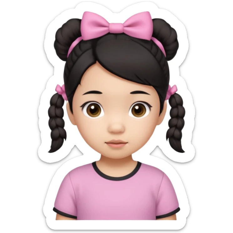 mixed 1 year old girl asian and american with short pigtails and cute bows i dark brown/black hair with big brown eyes emoji in a pink shirt sticker