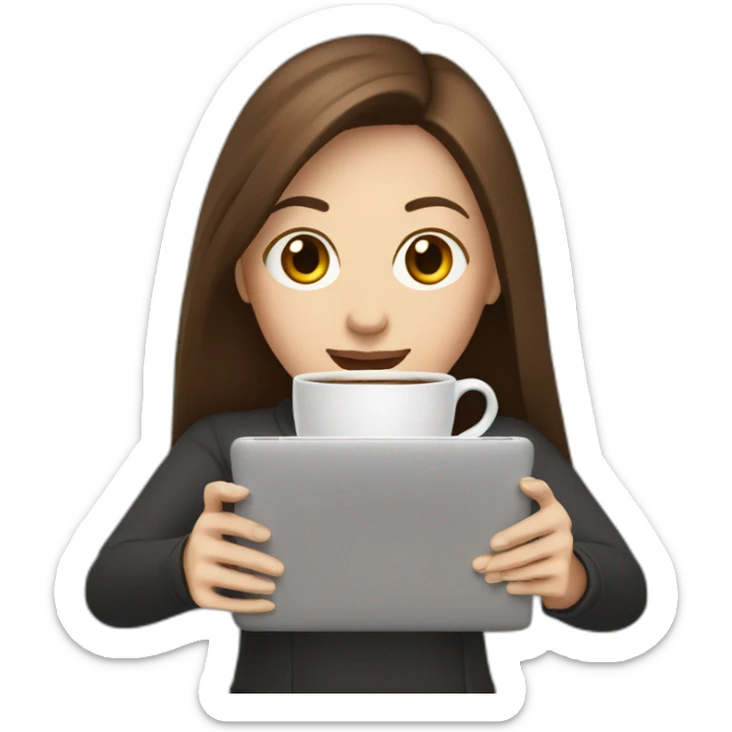 woman with long straight brown hair and pale skin throws laptop and a coffee mug in the air sticker