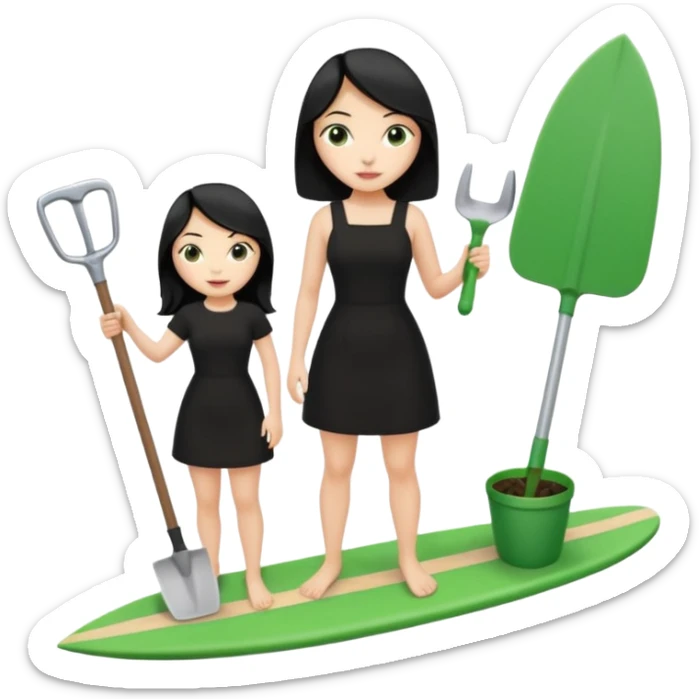 Princess who wearing black dress (woman) black hair holding her phone and a gardening shovel with another hand. She is standing on her feet, there is one green surfing board. sticker