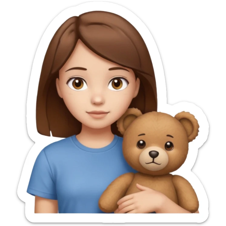A Girl with Brown hair and Brown eyes with a t-shirt of a Teddy bear sticker