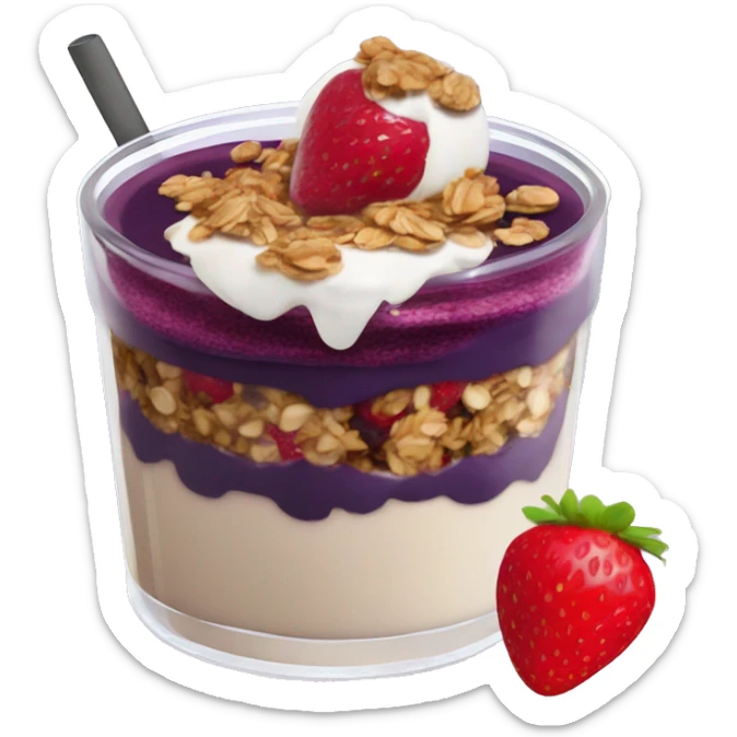 Açaí in a clear cup with layers of strawberry and granola and condensed milk sticker