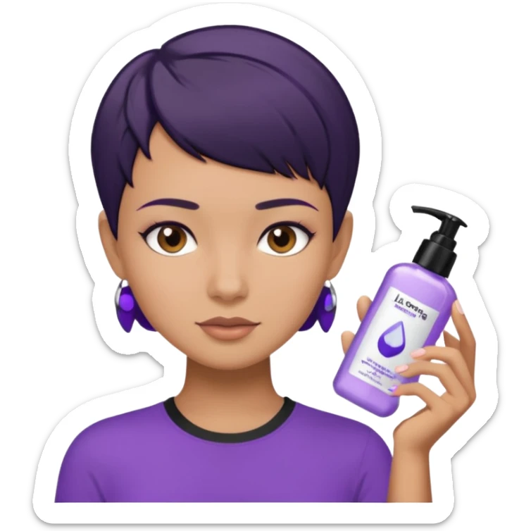 tan girl purple shirt with black hair & a pixie, doing her skin care sticker