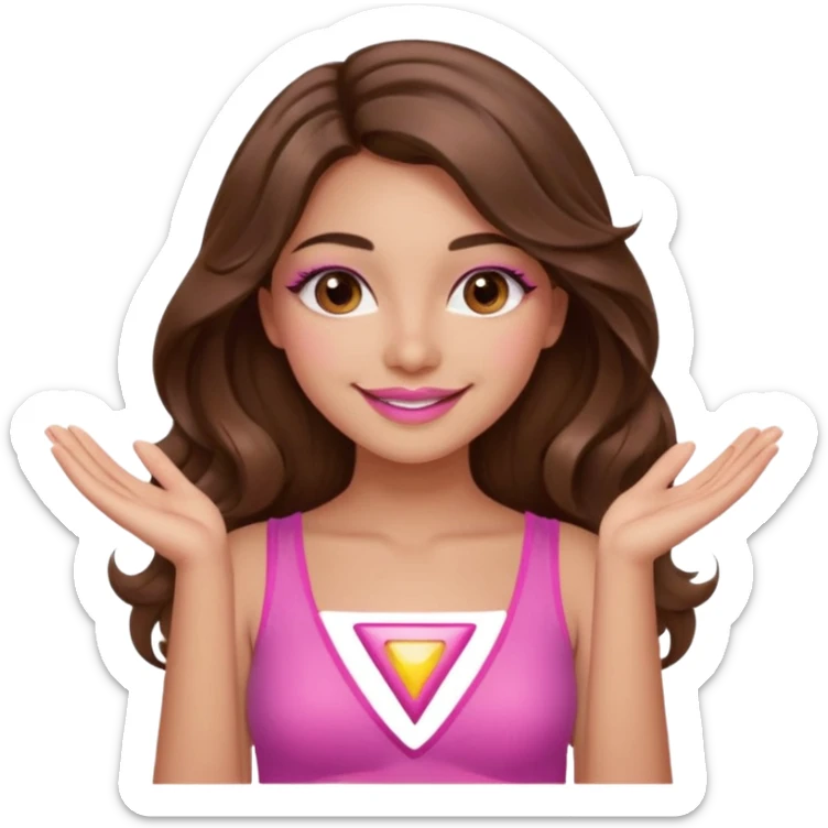 girl with long wavy brown hair, brown eyes, long lashes, sexy pink lips, light to medium complexion, wearing a pink sexy top, smiling, hands together in a tryangle sticker