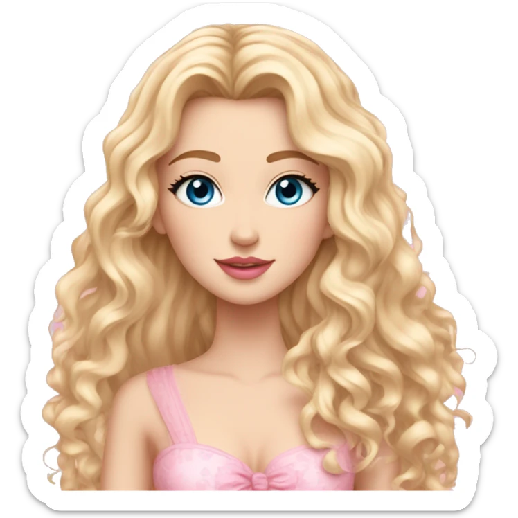 White girl 🧝🏻‍♀️, blue eyes, blond very long curly hair, pink lips, pink sexy dress. Background long. Sakura levitate. sticker
