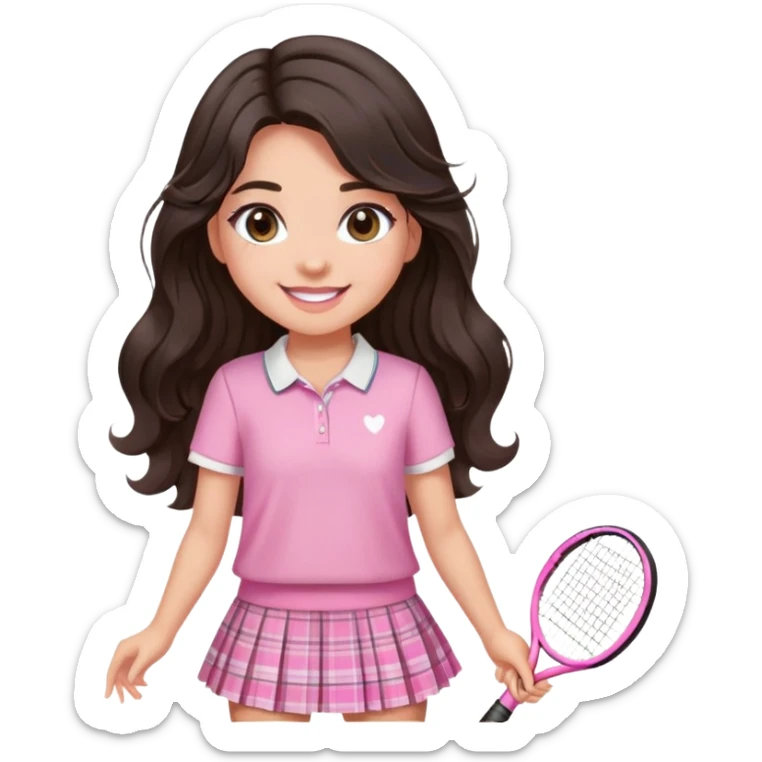 1 cô gái tóc đen nâu xoăn nhẹ dài ngang lưng, miệng cười tươi, mắt long lanh to tròn, make up tone hồng ngọt ngào. Mặc áo sơ mi hồng caro nhỏ, bên trong mặc áo thun trắng, chân váy tennis trắng xếp ly. Mang giày thể thao trắng sticker