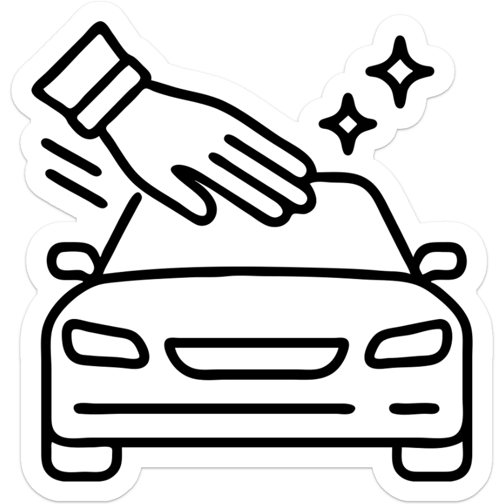 outlined icon of an elegant hand with white glove on the hood of a premium car, drops or shine, clean lines, black and silver, smooth motion lines for cleaning, modern look sticker