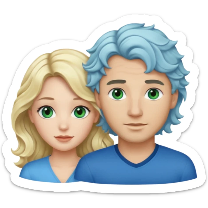 esposos, mujer rubia de ojos azules y pelo semi tomado ondulado, hombre de pelo negro con un mechon blanco ondulado, atractivo de ojos verdes sticker