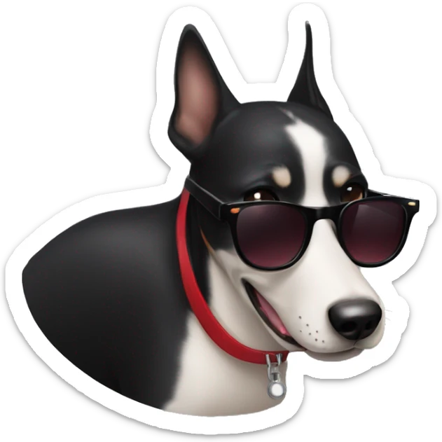 Black very short hair female large dog with sunglasses and red lips  smiling with the tongue outside the mouth . Her face is thin and she has very short hair and big ears sticker