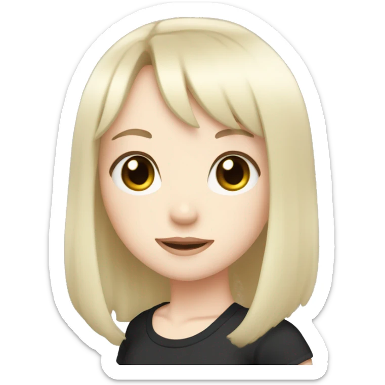 A girl with straight hair pale skin and bangs black hair and an anime t shirt sticker