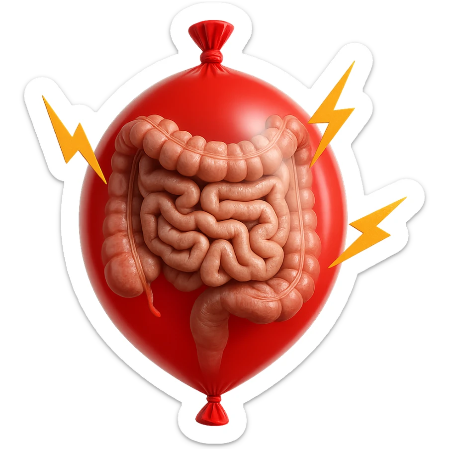 intestino umano anatomico chiuso in un palloncino rosso che simboleggia gonfiore, accanto simboli di fulmini e che simboleggiano "dolore", iperrealistico 4k sticker