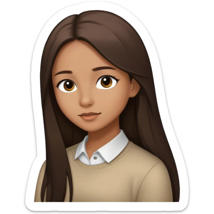 Feminine girl with light brown skin, dark straight long hair and dark eyes, profile picture style sticker