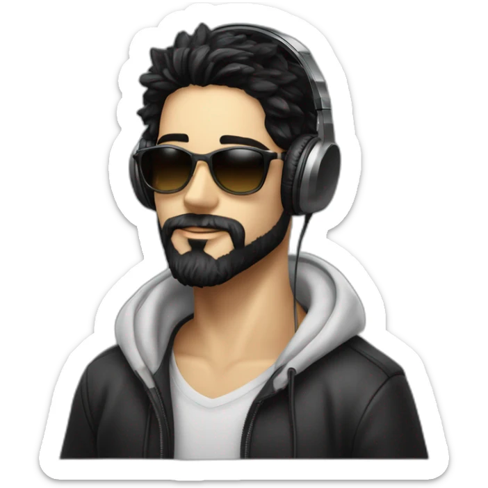 A stylish boy wearing headphones and sun glasses and in background music waves black hair black beard new trending look white skin colour sticker