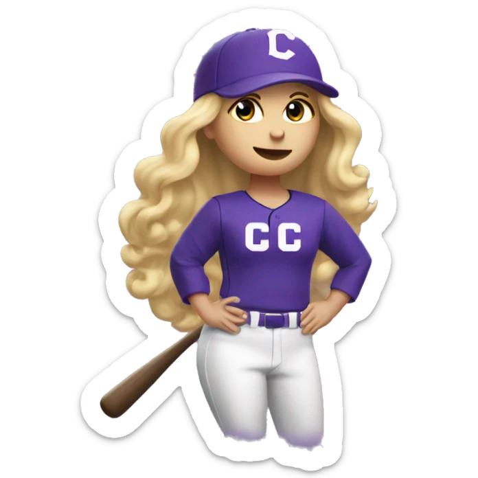 baseball card character. white female. long blonde hair. letter C logo. Purple and white uniform.  sticker