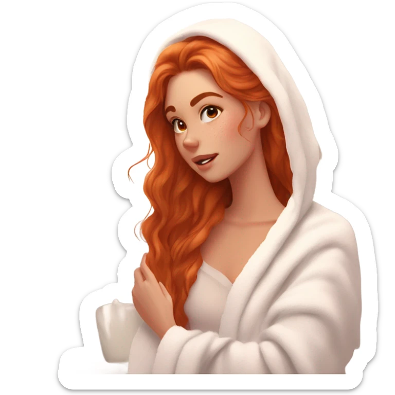 Girl putting cream on face bathroom red orange hair orange brown eyes beautiful face thick eyelashes pink lips gorgeous skinny fair skin white aesthetic tall girl doing skincare cozy robe hair in white towel sticker