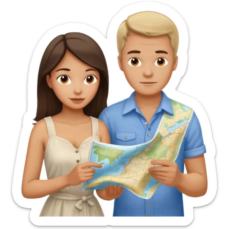 Russian man and elegant fair-skinned Latina girl in costal outfits with a map planning  sticker