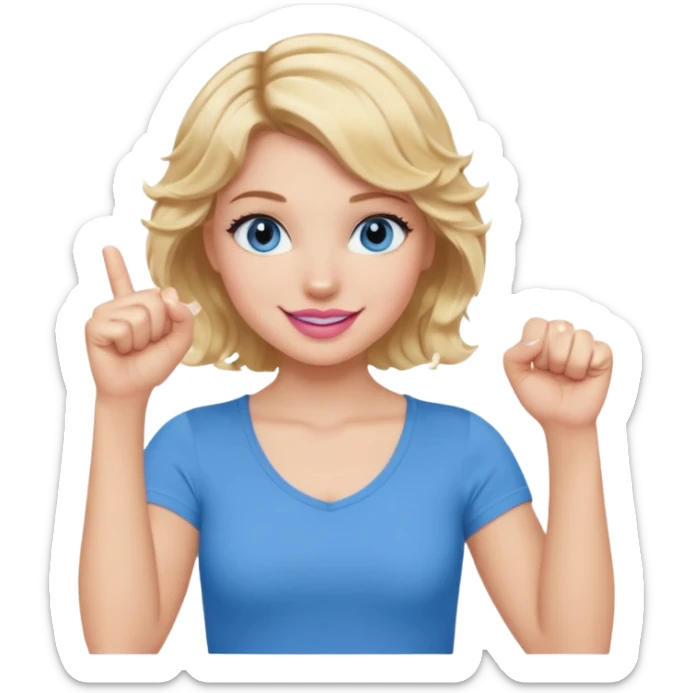 Girl Blonde short wavy hair,  blue eyes, cute blue top, long lashes, pink lips, smiling, fist bump sticker
