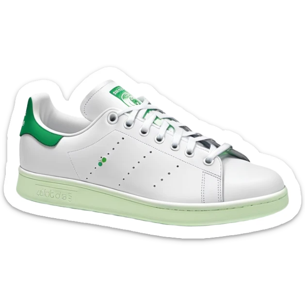 Classic white Adidas Stan Smith sneakers with green heel tab and Adidas logo, three perforated stripes on sides sticker