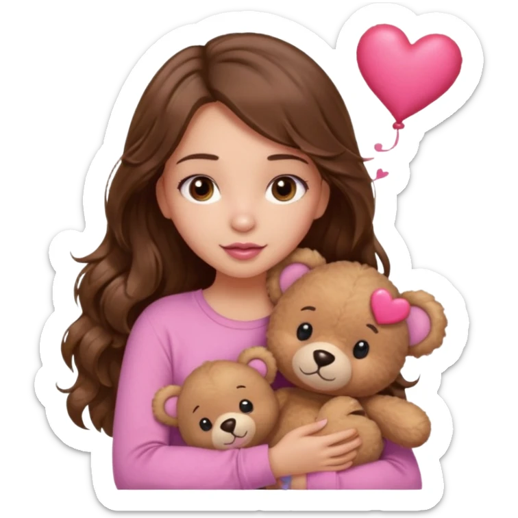 girl with long wavy brown hair, brown eyes, light to medium complexion, in a pink shirt, pink lips, long lashes, hugging squeezing  a teddy bear with hearts sticker
