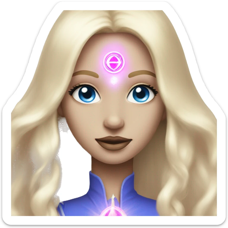 magical diva with thin pink andromedan face long blonde hair and blue eyes glowing third eye sticker